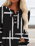 Fashion Check Printed Long Sleeve Small V-neck T-shirt