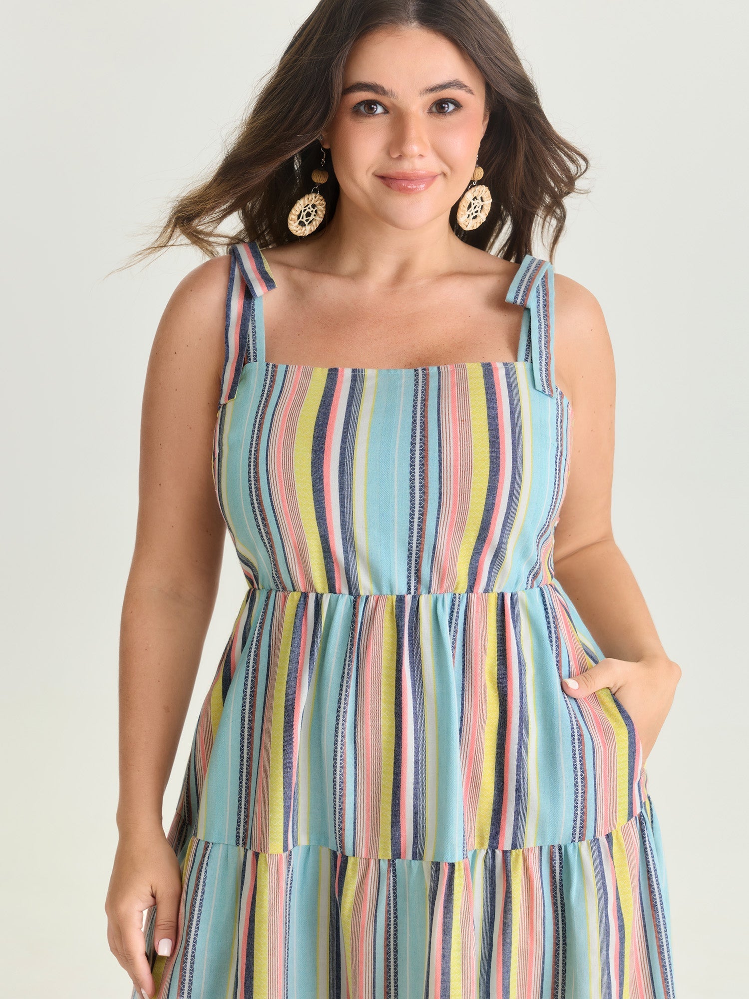 Multi-Color Striped Print Shoulder-Tie Midi Dress