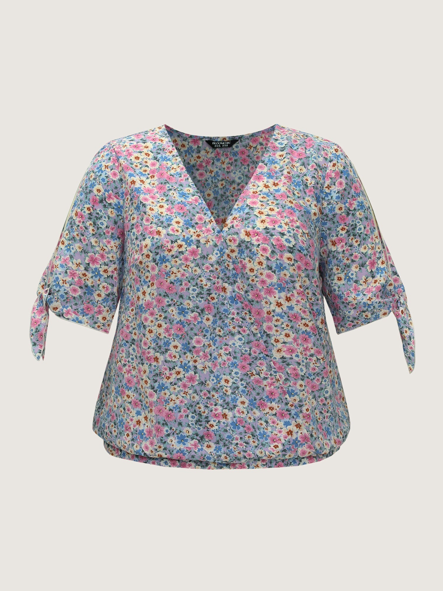 Floral Print Adjustable Sleeve Tie Blouse