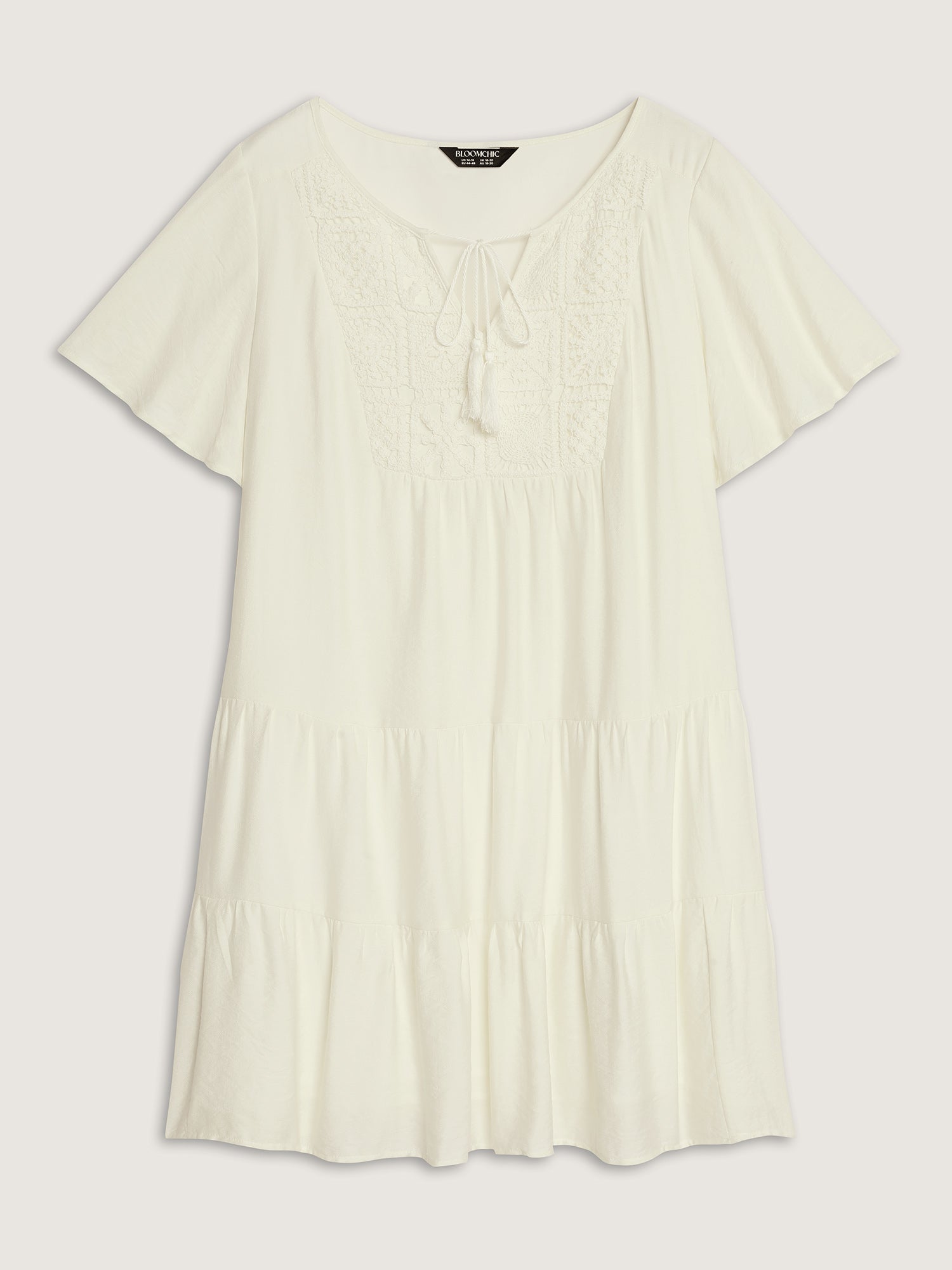 Lace Drawstring Neckline Tiered Mini Dress
