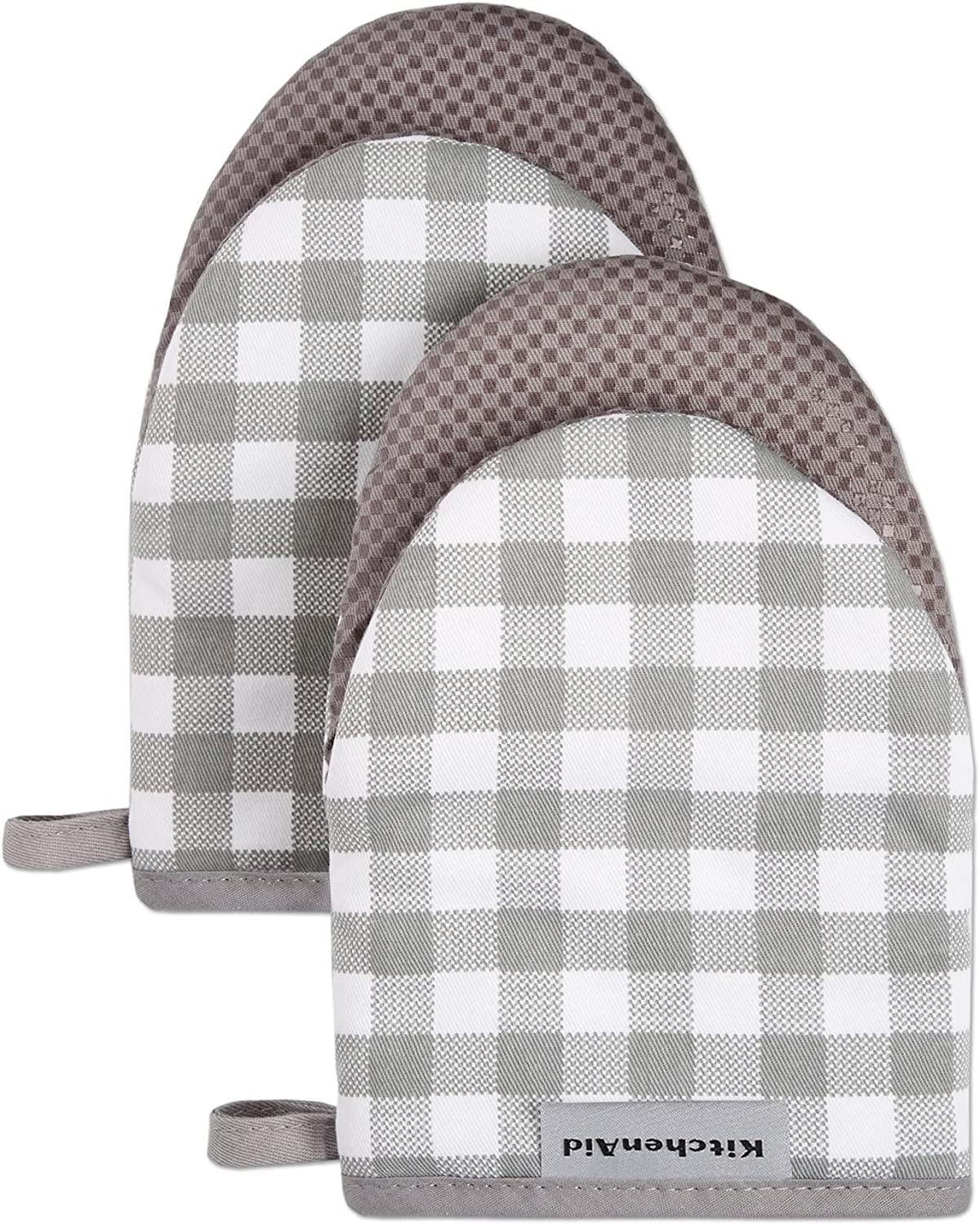 KitchenAid Gingham Mini Oven Mitt 2-Pack Set, Grey, 5.5"x8"