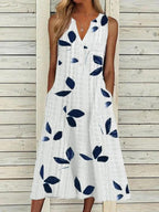 Ladies Casual Leaf Printed V-neck Maxi Dress