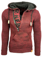 mens letter v-neck zip knit pullover casual drawstring hooded sweaters