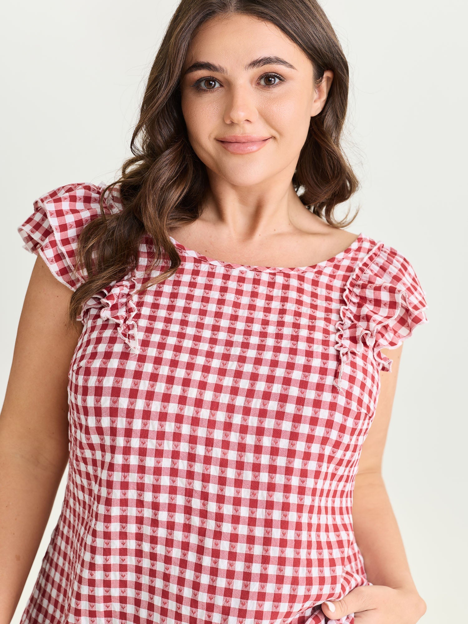 Gingham Print Layered Flutter Sleeve Blouse