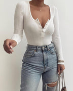 Square Neck Button Front Long Sleeve Top