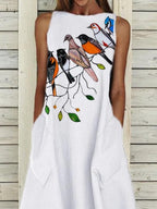 Ladies Round Neck Bird Print Casual Shift Dress