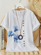 Womens Floral Print Round Neck Short Sleeve Shirt