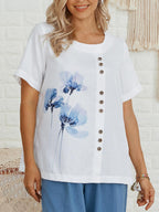 Womens Floral Print Round Neck Short Sleeve Shirt