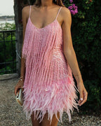 spaghetti strap sequin tassel feather holiday party mini dress
