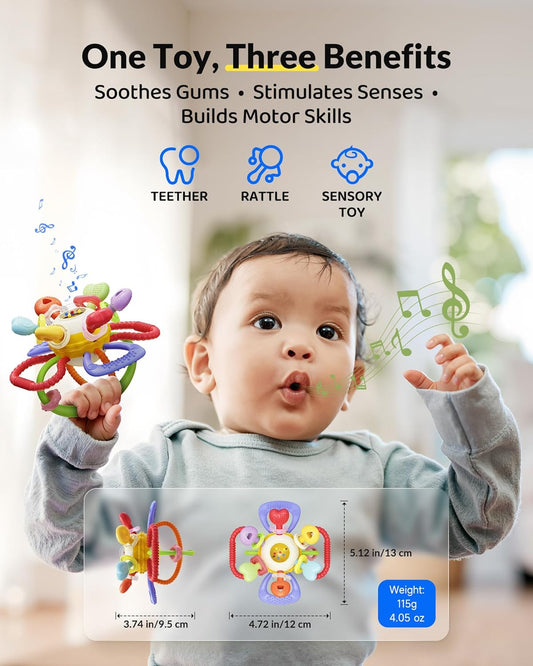 Baby Montessori Sensory Teething Toy - Safe, Multi-Functional BPA-Free Silicone Teether for Babies 0-12 Months - Teething Relief & Fun Play with Rattle - Perfect Baby Toys for Boys & Girls