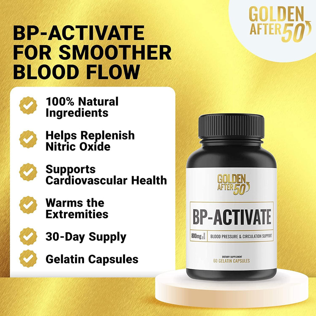 Golden After 50 BP-Activate - Cardiovascular Health Support Supplement - 6 Bottles - Blood Circulation and Nitric Oxide Supplement with Essential Amino Acids - 800mg L Arginine, AAKG, L Citrulline