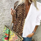 Leopard Splice Zip Collar Long Sleeve Blouse