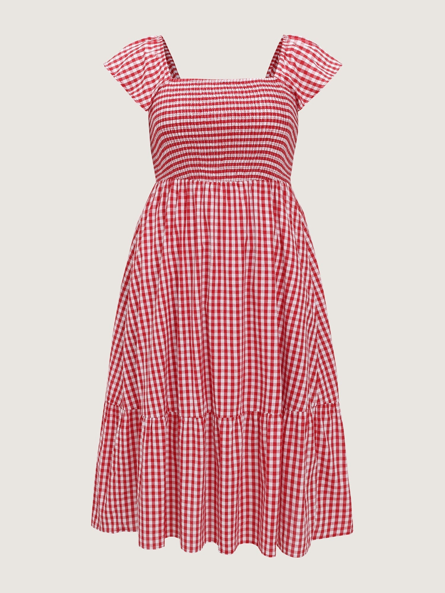 Cotton Gingham Print Shirred Bodice Midi Dress