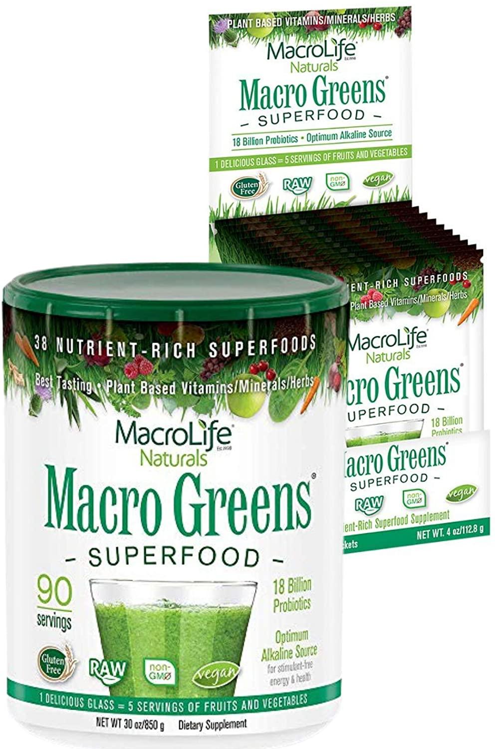MacroLife Naturals Macro Greens 5ct Survival Bundle - 38 Superfood Powder, Antioxidant-Herbal Blend, Non-GMO Vegan, Immune - 4 x 30oz (360 Servings) + 12 Packet Travel Box