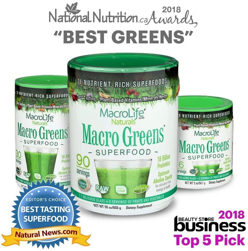 MacroLife Naturals Macro Greens 5ct Survival Bundle - 38 Superfood Powder, Antioxidant-Herbal Blend, Non-GMO Vegan, Immune - 4 x 30oz (360 Servings) + 12 Packet Travel Box