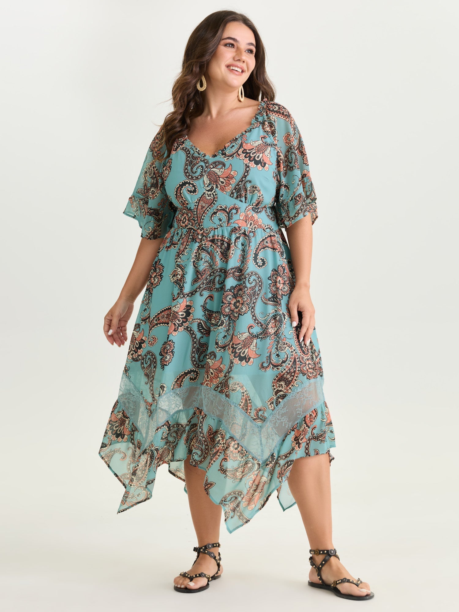 Floral Paisley Print High Low Hem Midi Dress