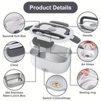 Electric Lunch Box Food Warmer Portable For Car &amp; Home - Leak Proof, Lunch Microwave For Truckers With  Steel Container 50.72 oz, 110V/12V/24V