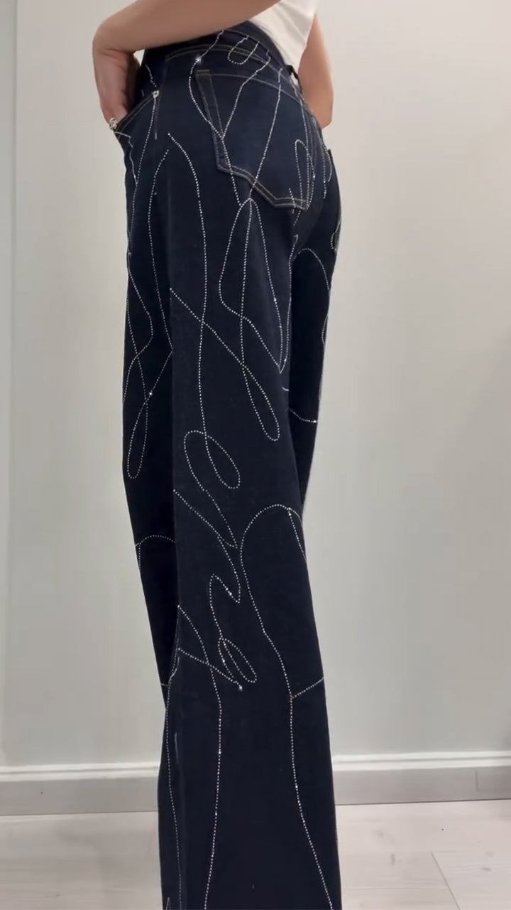 Women High-waisted Textured Rhinestone Casual Jeans