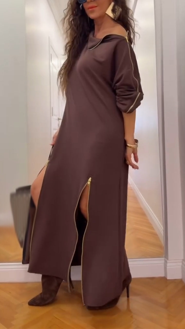 Women Laple Collar Splicing with Multiple Zippers Temperament Casual Dress