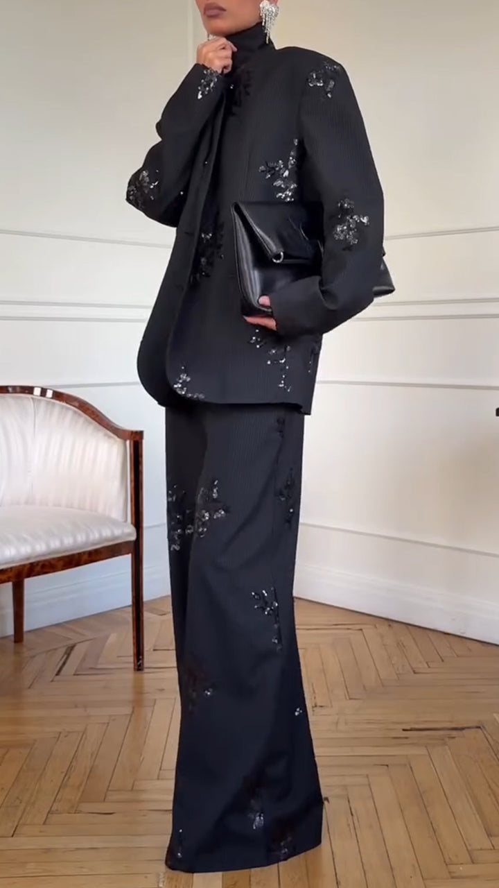 Women Laple Collar Sequin Printed Jacket+ Pants Temperament Commuting Set