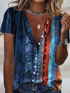 V-neck Gradient Stripe Print Short-sleeved Blouse