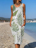 Ladies Casual Sleeveless Leaf Print Shift Dress