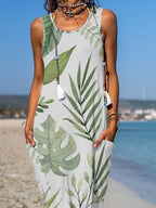 Ladies Casual Sleeveless Leaf Print Shift Dress