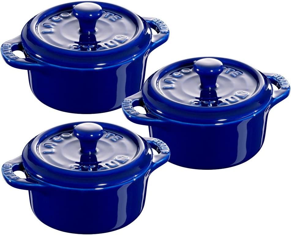 STAUB Ceramics Mini Round Cocotte Set, 3-piece, Dark Blue