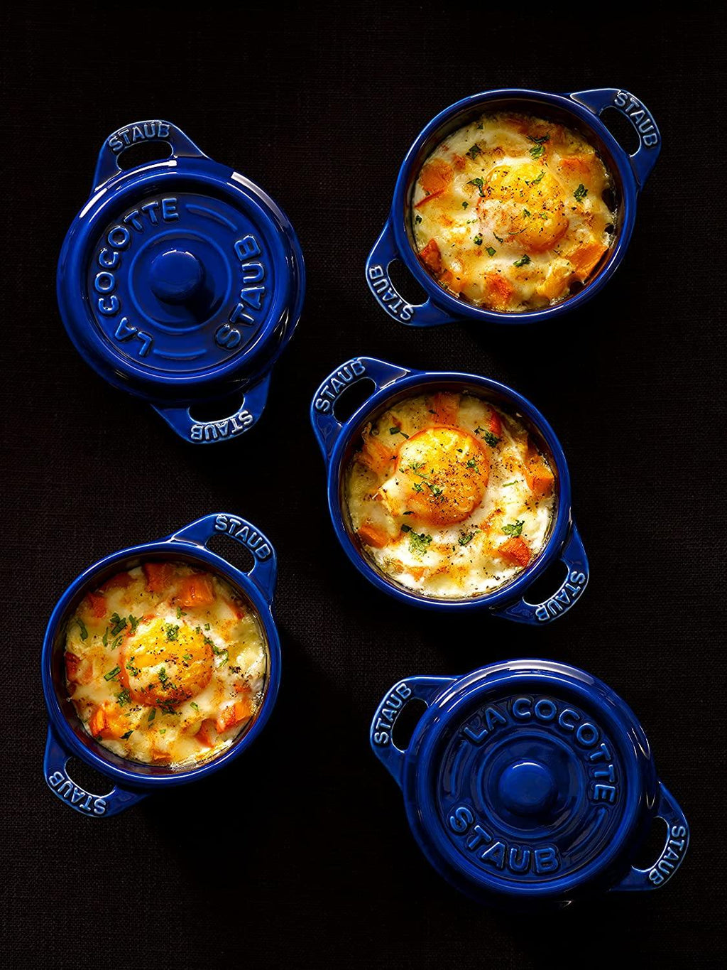 STAUB Ceramics Mini Round Cocotte Set, 3-piece, Dark Blue
