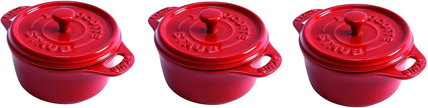 STAUB Ceramics Mini Round Cocotte Set, 3-piece, Cherry