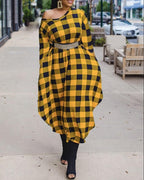 Plaid Print Long Sleeve Round Neck Casual Dress
