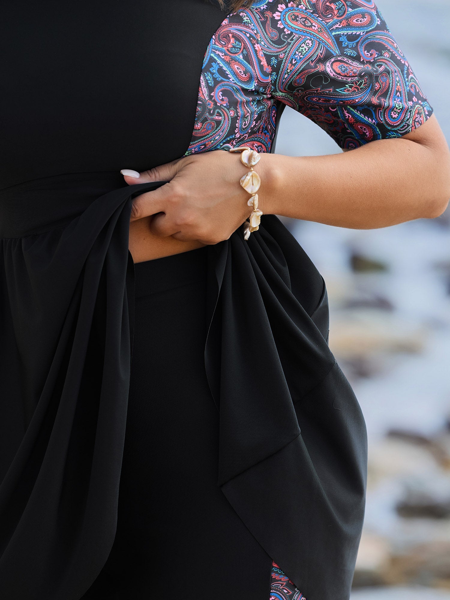 Floral Color Contrast Pockets Swim Dress