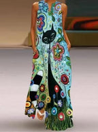 V-neck Casual Loose Floral Print Sleeveless Maxi Dress
