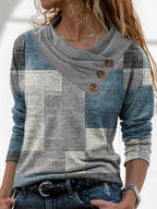 Fashion Check Print Stack Neck Long Sleeve Casual T-shirt