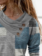Fashion Check Print Stack Neck Long Sleeve Casual T-shirt