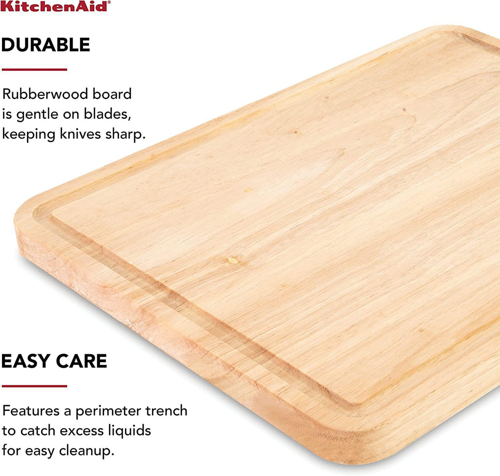 KitchenAid Classic Rubberwood Cutting Board with Perimeter Trench, Reversible Chopping Board, 11-inch x 14-Inch, Natural