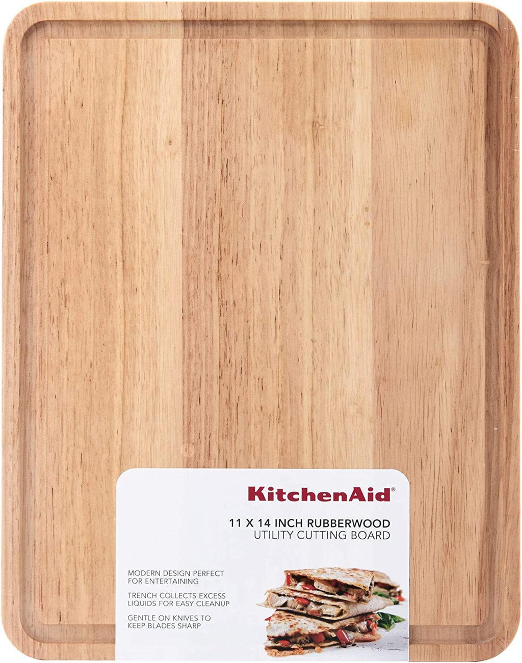 KitchenAid Classic Rubberwood Cutting Board with Perimeter Trench, Reversible Chopping Board, 11-inch x 14-Inch, Natural