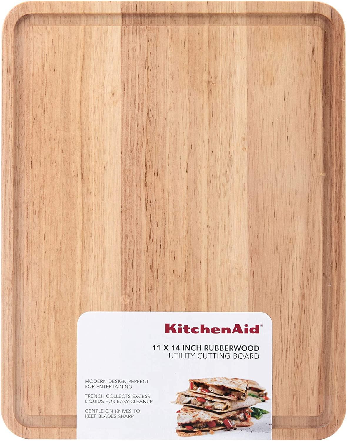 KitchenAid Classic Rubberwood Cutting Board with Perimeter Trench, Reversible Chopping Board, 11-inch x 14-Inch, Natural