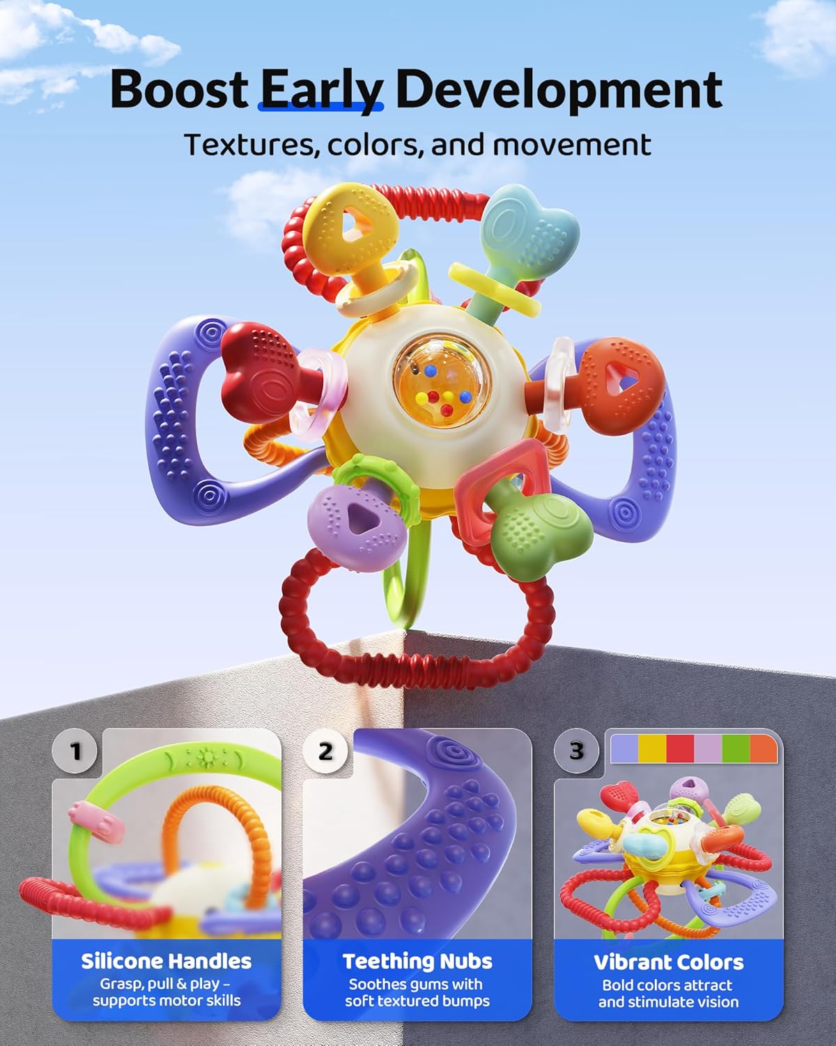 Baby Montessori Sensory Teething Toy - Safe, Multi-Functional BPA-Free Silicone Teether for Babies 0-12 Months - Teething Relief & Fun Play with Rattle - Perfect Baby Toys for Boys & Girls