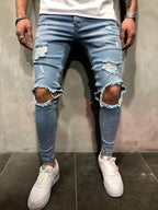 men's street solid color ripped denim trousers