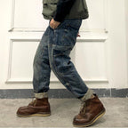 loose distressed retro stitching tooling motorcycle jeans