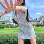 Check Floral Contrast Color Versatile Fashion Sweater Dress