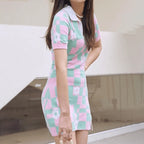 Check Floral Contrast Color Versatile Fashion Sweater Dress