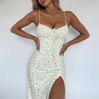 Sling Floral Lace-Up Slit Dress