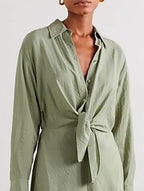 Green Lapel Half Open Knotted Midi Dress