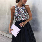 Women's Fashion Sweet Sleeveless Sequin Stitched Black Yarn High Waist Dress