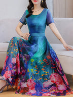 Elegant Round Neck Print Short Sleeve Dress
