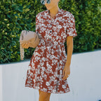 V-Neck Tie Floral Chiffon Dress