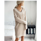 Medium Length V-neck Knit With Lace Stitching Loose Commuter Wool Dress For Women