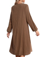 V-neck Solid Color Loose Casual Long-sleeved Midi Dress